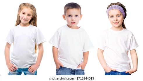 Set Of Kids In A White T Shirts Isolated On White Background For Your Design