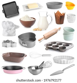 Set Of Kitchen Utensils For Bakery And Products On White Background