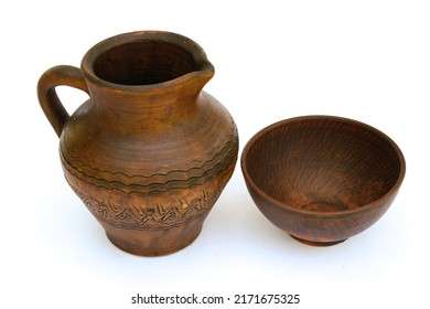 Set Of Kitchen Utensils Jug And Earthenware Plate