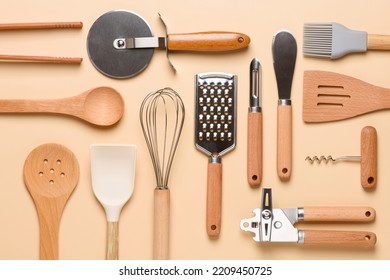 Set of kitchen utensils pattern background top view. Various cooking tools flat lay. - Shutterstock ID 2209450725