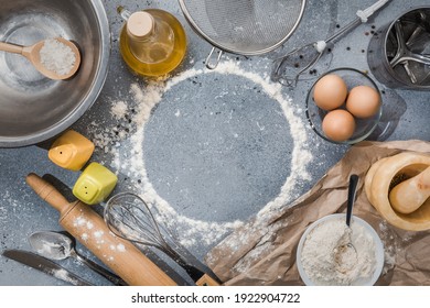 Set Of Kitchen Utensils With Products On Gray-blue Background. Cooking Master Classes. Copy Space.