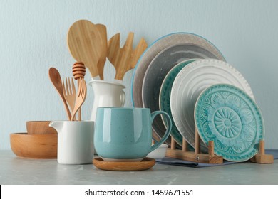 Set of kitchenware on grey marble table near light wall. Modern interior design - Shutterstock ID 1459671551
