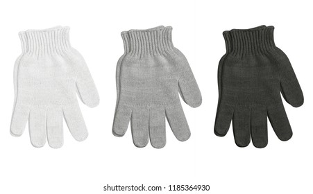 set of knitted winter gloves, black, gray, white, isolated on white background, close-up, mens gloves