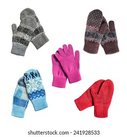 Set of knitted wool mittens and gloves on white background
