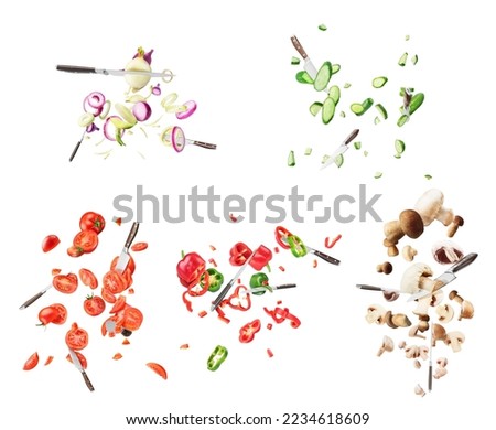 Set of knives cutting different vegetables into slices, isolated on white background