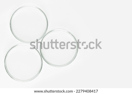 a set of laboratory glassware on a light background. Petri dishes in various forms.