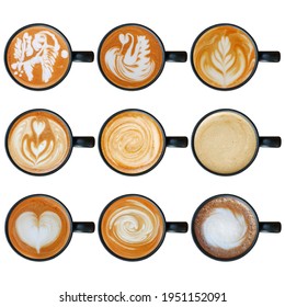 Set Of Latte Art With Black Cup Isolated On White.