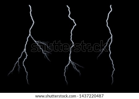 Set of  Lightning and thunder bolt  isolated  on black background, The concept of the intensity of weather, rainstorm.