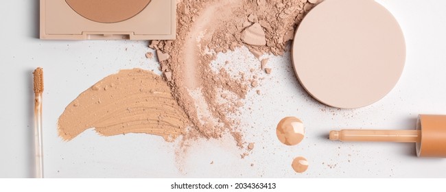 Set Of Liquid Face Powder And Concealer Brush Strokes In Different Colour In Texture, Drop Of Skin Tint Serum , Bronzing Powder And Smashed Finishing Powder Isolated On White Background. 