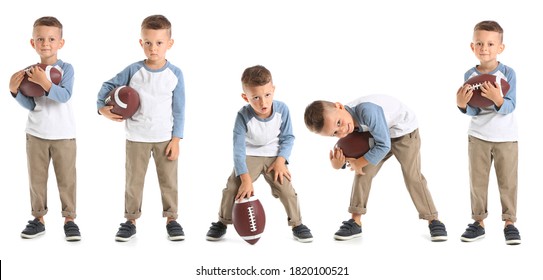 Set of little boy with rugby ball on white background