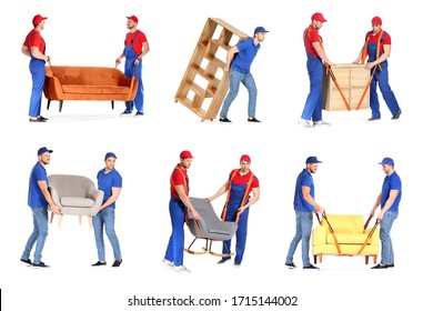 Set Of Loaders Carrying Furniture Against White Background