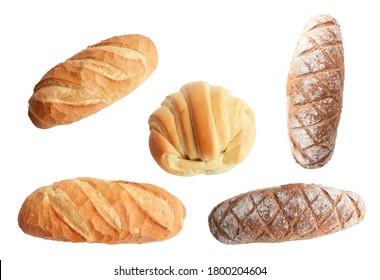 A set of loaf and black bread, cheese croissant isolated in white background, traditional bread with clipping path, no shadow