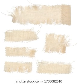 Set of long rectangular fabric textures isolated on a white background. Fabric texture, background for text. Torn rags, dry waste, scraps of clothing.