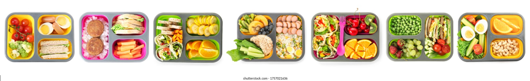 Set of lunch boxes with tasty food on white background