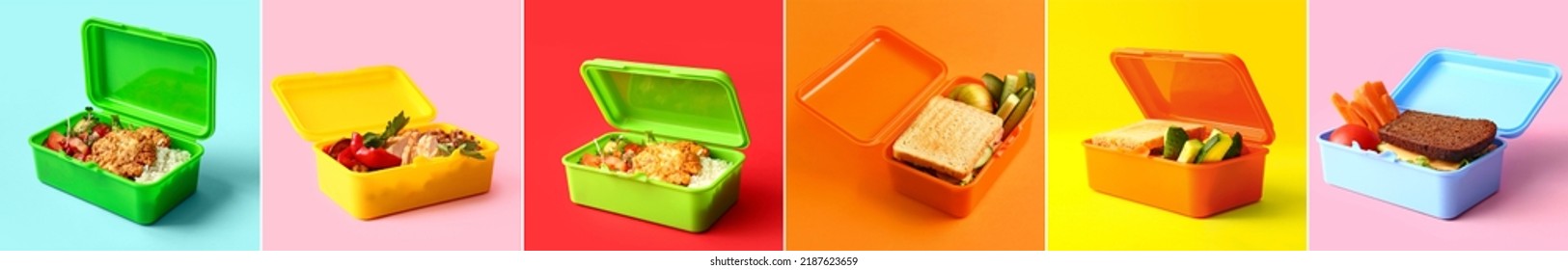 Set of lunch boxes with tasty food on color background