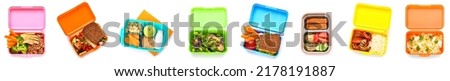 Set of lunch boxes with tasty food on white background, top view