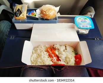 A set of lunch dishes for a flydubai passenger. Food on the plane. Dubai /UAE - 02.04.2020
