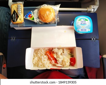 A set of lunch dishes for a flydubai passenger. Food on the plane. Dubai /UAE - 02.04.2020