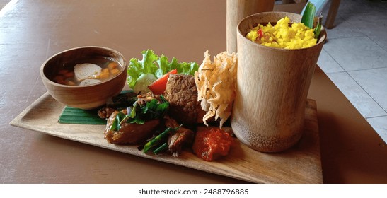A set of lunch menu served using cutlery made of bamboo-based material 