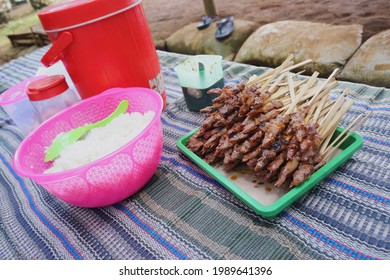 A Set Of Lunch, Sate With Rice And Sambal Of Kecap Manis