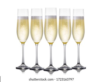 Set of luxury champagne glasses in a row on a white background. Concept of winemaking and restaurant business