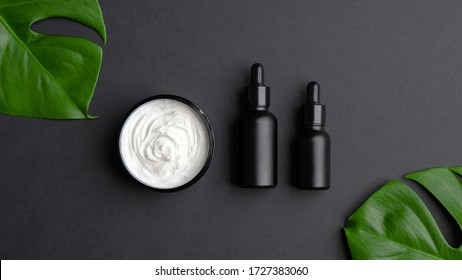 Set Of Luxury Cosmetic Products On Black Background Top View. Flat Lay Natural Body Cream, Black Clean Dropper Bottles Mockup And Tropical Monstera Leaves. SPA Natural Organic Beauty Products.