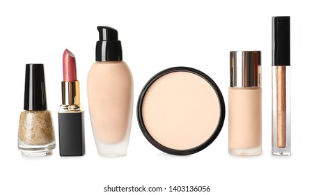 Set of luxury makeup products on white background