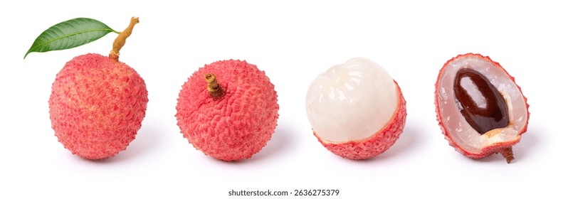 Set of Lychee with leaf and cut slice isolated on white background.