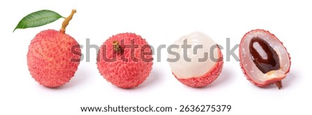 Set of Lychee with leaf and cut slice isolated on white background.