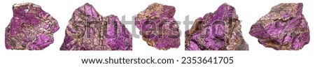 Set of Macro mineral stone purpureus, (purple) purpurite in the breed a white background close up