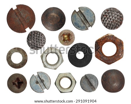 set macro screw heads, bolts, steel nuts, old metal nail, isolated on white background
