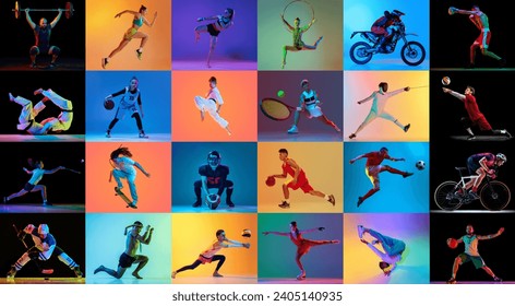 Set made of portraits of professional sportsman, hardly workout before competition in mixed neon light against multicolored gradient background. Concept of professional sport, hobby, motion. - Powered by Shutterstock - Get 15% off with code: PIKWIZARD15