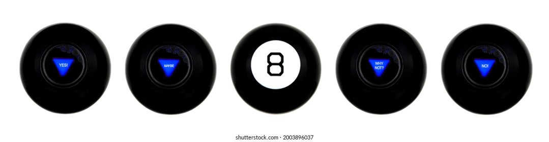 Set of magic eight balls with predictions isolated on white background