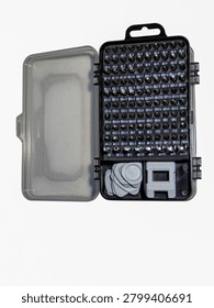 set of magnetic screwdriver bits of various sizes in one storage box