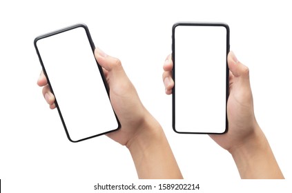 Set of Male hand holding the black smartphone with blank screen isolated on white background with clipping path. - Shutterstock ID 1589202214