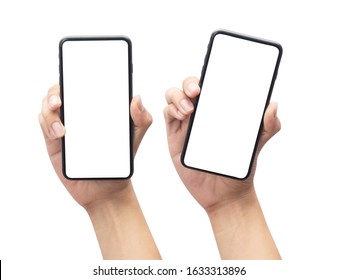 Set of Male hand holding the black smartphone with blank screen isolated on white background with clipping path. - Shutterstock ID 1633313896