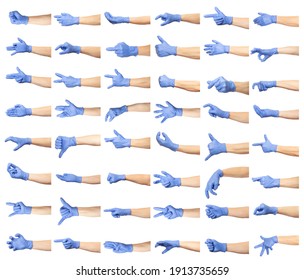 Set Of Male Hands In Blue Medical Gloves Showing Different Gestures