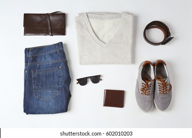 Set Of Male Stylish Clothes On White Background