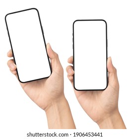 Set of man hand holding the black smartphone with blank screen isolated on white background with clipping path, Can use mock-up for your application or website design project. - Shutterstock ID 1906453441