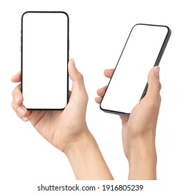 Set of man hand holding the black smartphone with blank screen isolated on white background with clipping path, Can use mock-up for your application or website design project. - Shutterstock ID 1916805239