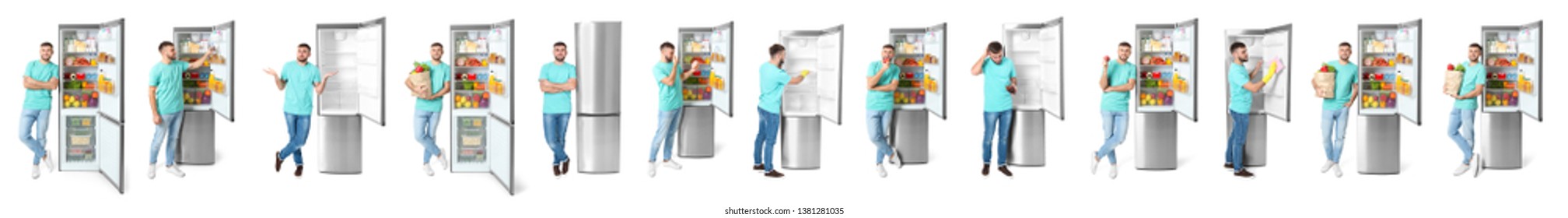 Set of man near modern refrigerators on white background - Powered by Shutterstock