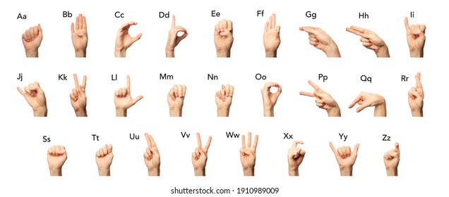 Set of man showing asl alphabet isolated on white background. Finger spelling letters from A to Z in American Sign Language. Sigh language concept