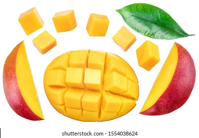 Set of mango cubes and mango slices isolated on a white background. File contains clipping path. - Shutterstock ID 1554038624