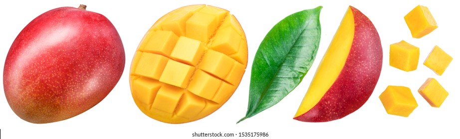 Conjunto de frutas de mango y rodajas de mango. Aislado sobre un fondo blanco. Ruta de recorte.