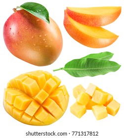 Set of mango fruits, mango slices and leaf. Clipping path for each item.
