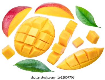 Set of mango slices, mango cubes and leaves. Isolated on a white background. File contains clipping path. - Shutterstock ID 1612809706