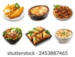 set of many delicious food dishes isolated on white background. fish and chips, lasagna, spaghetti, chicken soup, grilled chicken with salad, samosas. Assortment of  tasty foods, set, collage. 