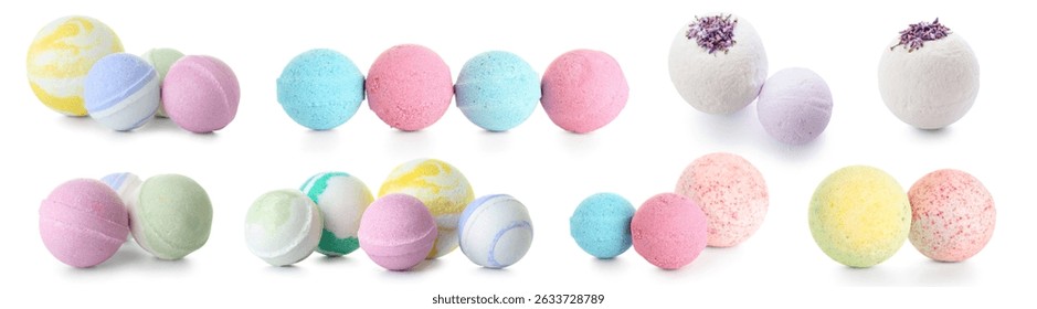 Set of many different bath bombs on white background