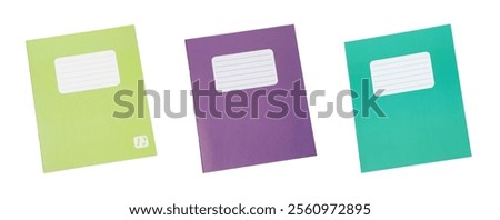 Set of many different notebooks on white background, top view. School stationery