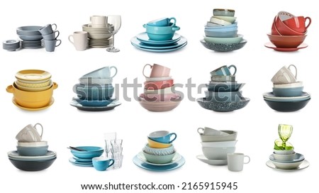Set of many different tableware on white background